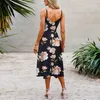 Casual klänningar kvinnor fashionabla sommarklänning wrap v nack ärmlös boho blommig spaghetti rem en linje flytande strand sundress med bälte