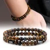 Strand Tiger Eye Stone Armband Set Par Distance Malachite Black Lava Beads Armband Stretch Bangles Män Kvinnor Yoga smycken