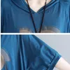 Casual Dresses #3208 Blue/White Hooded T Shirt Dress For Women Short Sleeves Loose Cotton Printed T-shirt Ladies Sexy Summer