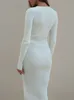 Elegant Solid Ribbed Knitted Maxi Dress Fashion O neck Long Sleeve Robes Autumn Winter Lady Party Club Streetwear Dresses