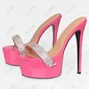 Olomm Women Platform Mules Sandaler Rhinestone Ultra High Heel Round tå Vackra röda rosa vita skor damer oss plus storlek 5-20