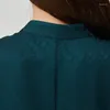 Kvinnors T-skjortor Autumn Silk Jacquard Peacock Green Stand Collar Single Button Pullover Shirt Sleeve Fold Tryckt T-shirt Kvinna BE752