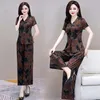 Kvinnors tvåbitar byxor Fashion Suit Western-stil Thin Print Tops Wide Leg Set 2023 Summer Mother Slim Plus Size Clothing