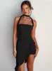 Casual jurken Hirigin sexy vrouwen y2k halter mini jurk v nek ruches korte mouwloze bodycon -feestjes met franjes