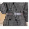 Women's Suits Women Jacket With PU Belt Plaid Grey Color Fashion Casual Style Winter Outer Formal Wear For Office Ladies