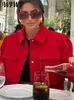 Mäns jackor Lapel Pocket Red Jacket Women 2023 Autumn Winter Long Sleeve SingleBreasted Casual Short Coat Elegant Office Lady Tops 231120
