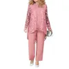 Women's Two Piece Pants 2Pcs Cocktail Suit Top Set Long Sleeves Hollowed Lace Design Wide Straight Leg Outfit Streetwear