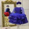 Vestidos de menina azul royal vestido de bebê tule inchado com arco na altura do joelho flor crianças festa de aniversário vestido