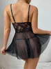 Work Dresses Black Hollow Out Lingerie Nightgown Bow Lacing Lace Sheer Mesh Sling Nightdress Thong Flower Pattern Sexy Erotic Set For Women