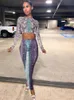 Printed See Through Mesh Piece Set Women O neck Long Sleeve Crop Top High Waist Maxi Skirt Female Sexy Casual Suit