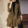 Robe de deux pièces Survêtement élégant Vintage Set Femmes Coréenne Lâche Double Blazers Manteaux et Mini Jupe plissée Tenues d'automne