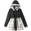 Trenchs de femmes Coupe-vent Femme Mi-longueur Printemps Automne Version coréenne Taille Minceur Couture Plaid Veste à capuche 230421