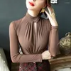 Women's Blouses Black Mesh Top Long Sleeve Slim Fit Chiffon Shirt Neckline Pleated Decoration