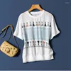 Kvinnors T-skjortor Silk T-shirt Sommar 2023 Tryckt Löst satin Tees Kort ärmar Topp damer O-Neck Patchwork Clothing Ycmyunyan