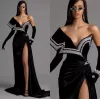 Black Velvet Evening Gowns Sweep Train Off the Shoulder Mermaid Prom Dresses High Slit Pearls Vestidos Formal Celebrity Gowns Dress Custom Made