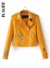 Women s Jackets Embroidery female autumn Korean version of the lapel locomotive PU leather short sleeved jacket Yellow pink Coat 231120