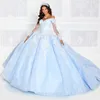 Небесно-голубое блестящее платье Quinceanera с открытыми плечами, платье принцессы для выпускного вечера, тюлевые аппликации, кружевные бусины, милое платье 16, Vestidos De 15 Anos