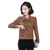 Kvinnors blusar Leopard tryck Bow Fashion Chiffon Shirt Långärmhet 2023 Spring Ladies Korean Slim Temperament Blue