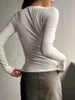 여자 T 셔츠 여성 스프링 가을 니트 티셔츠 긴 슬리브 단색 슬림 한 풀 오버 버튼 업 늑골 꼭대기