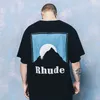 Designermodekläder T-shirts T-shirts Rhude Klassisk Snow Mountain Solnedgångstema Tryckt halvärm High Street tvättad Gammal T-shirt Toppar Streetwear Hiphop