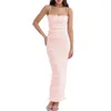 Vestidos casuais feminino rosa longo halter vestido temperamento magro tecido madeira orelha lateral maxi festa moda