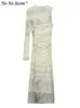 Vestidos casuais vestido de malha semi-sheer para mulheres moda assimétrica de uma manga longa Midi vintage traseiro zíper vestidos