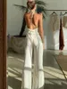 Pantalon Femme Sexy À Lacets Halter Dos Nu Débardeurs Ensemble Femme 2 Pièces Moulante Beige Ensembles Plissés Femme Élégante Slim Pantalon Fente Costumes