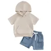 Ensembles de vêtements Born Baby Boy Shorts Vêtements d'été Couleur unie À capuche T-shirts à manches courtes Hauts et poches Taille élastique