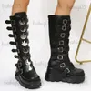 Boots GIGIFOX Women Goth Platform Heeled Knee High Boots Motorcycle Wedges Heeled Flame Buckle Brand Designer Cosplay Shoes Woman T231121