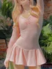 Casual Dresses Y2k Trendy Pink Mini Dress Long Sleeve Women Ruffle Pleated Bodycon Cute Kawaii Elastic Slim Fitted Sport Dance
