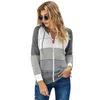 Damesbreien 2023 vrouwen plus size ritssluiting voorkant kleurblok hol uit casual gebreide hoody trui lange mouw trekstring losse lady hoodies