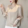 Blusas femininas primavera feminino o-pescoço manga longa camisa de seda gelo branco elegante acetato cetim blusa sólida plus size topos blusas