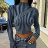 Women's T Shirts 2024 Casual Stripe Autumn Winter Turtleneck Sweater Women Y2K Distressed Vintage Clothes Slim Knit Crop Pullover Jumpers