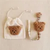 Pacifier Holders Clips# Ins Cute Bear Wooden Soother Clips Baby Holder Plaid Anti Drop Chain born Nipples s Dummy Clip With Dust Bag 230421