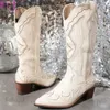 Stiefel Herbst Weiß Cowgirl Western Lange Stiefel Frauen Chunky High Heels Spitz Casual Cowboy Ritter Mittlere Waden Stiefel Schuhe Frau T231121