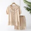 Women's Sleepwear Round Neck Short Sleeve Cardigan Pajamas For Women Shorts Soft Comfortable Lace Collar Breathable Loungewear Loose Night