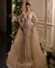 V Sexy Deep Neck Mermaid Wedding Dress Full Sleeve Pearls Arabic Beading Sequined Trumpet Bridal Gowns Robe De Soiree