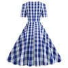 Vestidos casuais verão primavera moda azul branco xadrez camisa vestido para mulheres elegante manga curta faixas rendas até vintage midi vestidos