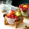 Set di stoviglie Insalatiere in vetro Ciotola per frutta trasparente con base in legno Piatti da dessert Stoviglie impilabili per preparazioni da cucina Caramelle alle noci