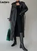 Couro feminino falso lautaro primavera outono longo cinza pu trench coat para mulheres raglan manga cinto pista designer de luxo moda europeia 231120