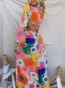 Kobiety kwiat drukowany szczupły sukienka midi seksowna o szyja długie rękaw bez pleców koronkowe sukienki letnie modne impreza imprezy vestidos
