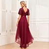 Robe de soirée bordeaux pour femmes, élégante, col en v, à volants, manches courtes, ligne a, gaze moelleuse, irrégulière, 2023