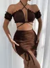 Work Dresses Fairyshely 2 PCS Sexy Ruffle Mini Dress Set 2023 Brown Crop Top Summer Skirts Suits Bodycon Women Party Tight Short Suit