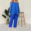 Women's Two Piece Pants 2Pcs Cocktail Suit Top Set Long Sleeves Hollowed Lace Design Wide Straight Leg Outfit Streetwear