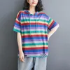 Magliette da donna Casual Colori contrastanti Pullover a righe Vintage Summer Streetwear Con cappuccio Coulisse Abbigliamento T-shirt con tagli alla moda