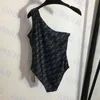 Costume da bagno monospalla a righe con lettera a righe Bikini da donna grigio scuro con pettorali