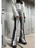 여성용 바지 검은 흰색 스트라이프 슬릿 플레어 한국 패션 탄성 높은 허리 와이드 다리 바지 가을 가을 캐주얼 긴 바지