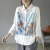 Kvinnors blusar 2023spring bomullslinne konst vintage indie folkskjortor kvinna blommor tryckt lös enstaka bruten vridning krage avslappnad