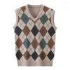 Men's Vests 5 Colors!2023 Autumn And Winter V-neck With Wool Vest Sleeveless Knit Sweater Checker Printing Sweaters