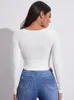 Damska koszulka dla kobiet swobodne solidne uprawy z długim rękawem moda moda V-Collar Bare Midriff Stretch Tops Bilded Elastyczne szczupłe koszulki 230422